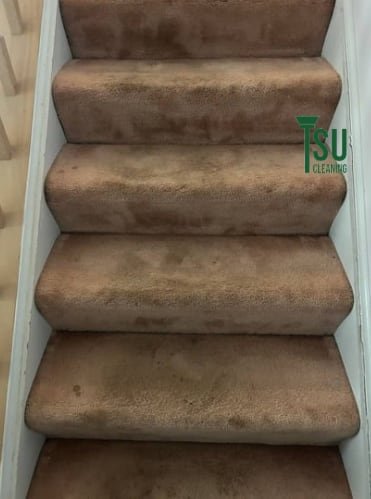 Carpeted staircase before cleaning, with dark traffic soiling worn into every tread